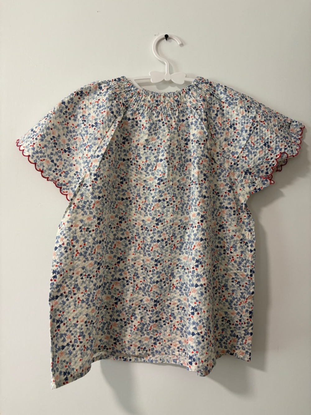 Girls' Floral Smocked Neck Blouse - White with Blue & Pink
